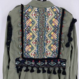Zara~Lt. Green Pom Pom Embellished Textile Cotton BOHO Jacket~Size XS